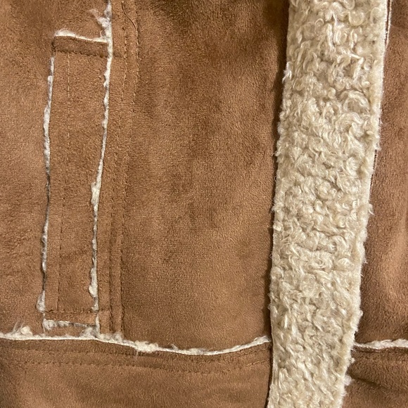 Decree Brown Faux Suede Shearling Bomber Jacket with Cream Trim - Picture 2 of 8